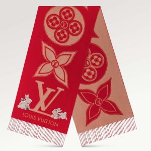 Replica Louis Vuitton LV Unisex Precious Rabbit Reykjavik Scarf Red Cashmere Monogram Flowers 2