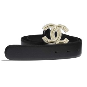 Replica Chanel Women Calfskin Gold-Tone Metal & Strass Belt-Black 2
