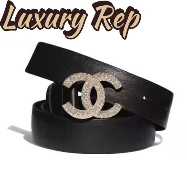 Replica Chanel Women Calfskin Gold-Tone Metal & Strass Belt Black