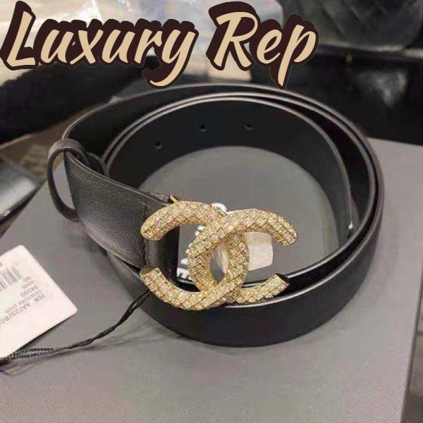 Replica Chanel Women Calfskin Gold-Tone Metal & Strass Belt Black 4