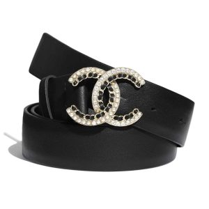 Replica Chanel Women Calfskin Gold-Tone Metal Glass Pearls & Strass Belt Black 2