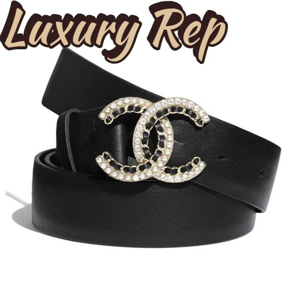 Replica Chanel Women Calfskin Gold-Tone Metal Glass Pearls & Strass Belt Black 2