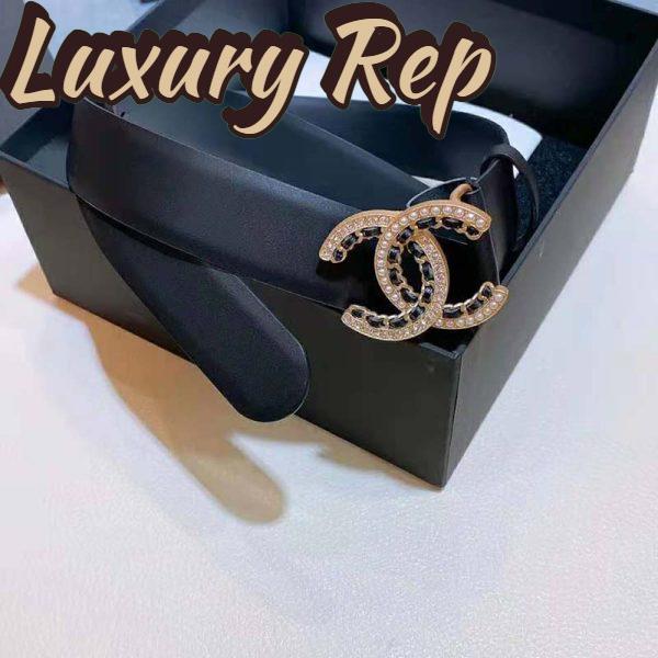 Replica Chanel Women Calfskin Gold-Tone Metal Glass Pearls & Strass Belt Black 3