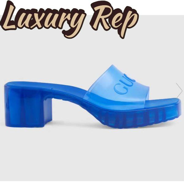 Replica Gucci Women GG Slide Sandal Logo Blue Transparent Rubber 6 Cm Heel
