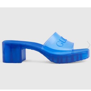 Replica Gucci Women GG Slide Sandal Logo Blue Transparent Rubber 6 Cm Heel 2
