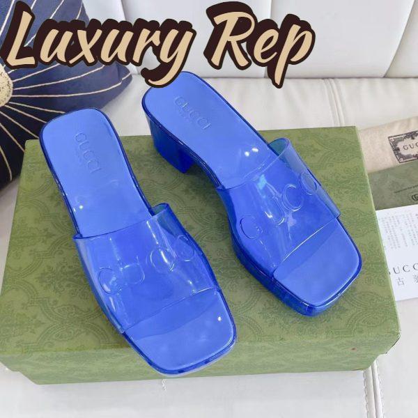 Replica Gucci Women GG Slide Sandal Logo Blue Transparent Rubber 6 Cm Heel 3