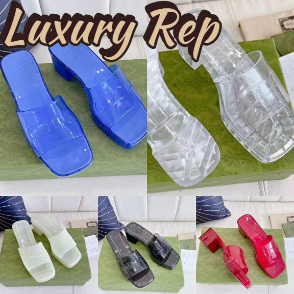 Replica Gucci Women GG Slide Sandal Logo Blue Transparent Rubber 6 Cm Heel 4