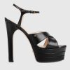 Replica Gucci Women GG Horsebit Platform Sandal Black Leather Double G High 13 CM Heel