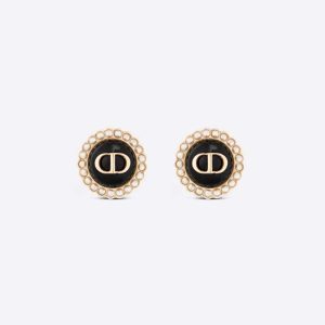 Replica Dior Women Petit CD Studs Earrings Gold-Finish Metal and White Resin Pearls with Black Glass 2