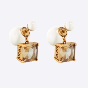 Replica Dior Women Tribales Earrings Antique Gold-Finish Metal with White Resin Pearls and Citrine