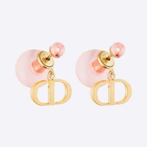 Replica Dior Women Tribales Earrings Gold-Finish Metal and Light Pink Transparent Resin Pearls