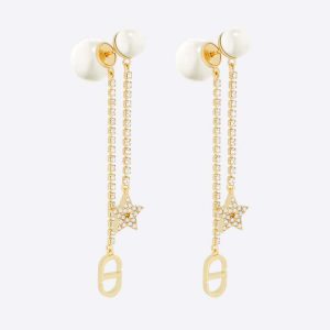 Replica Dior Women Tribales Earrings Gold-Finish Metal White Resin Pearls and White Crystals 2