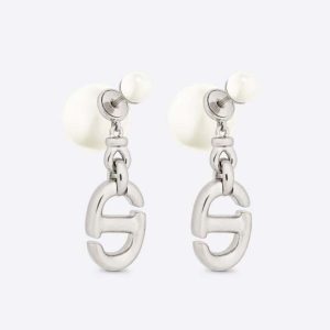 Replica Dior Women Tribales Earrings Silver-Finish Metal with White Resin Pearls
