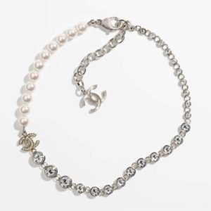 Replica Chanel Women CC Necklace Metal Glass Pearls Strass Silver Pearly White Crystal 2