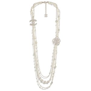 Replica Chanel Women Long Necklace in Metal Glass Pearls & Diamantés-White 2