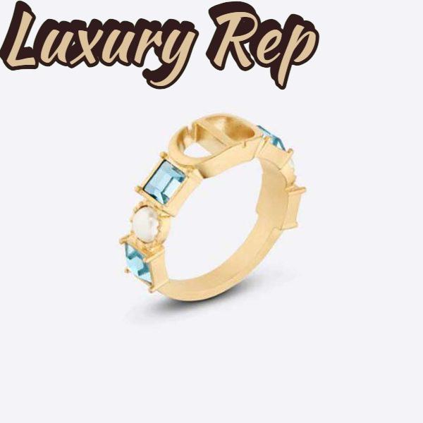 Replica Dior Women Petit CD Ring Gold-Finish Metal with White Resin Pearls and Light Blue Crystals