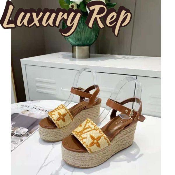 Replica Louis Vuitton LV Women Boundary Wedge Sandal Cognac Brown Raffia Rope Sole Rubber Outsole 4