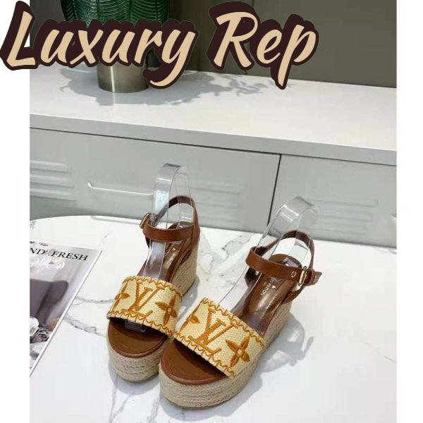 Replica Louis Vuitton LV Women Boundary Wedge Sandal Cognac Brown Raffia Rope Sole Rubber Outsole 5