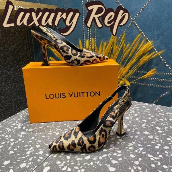 Replica Louis Vuitton LV Women Sparkle Slingback Camel Brown Printed Satin Leather 9.5 Cm Heel 4