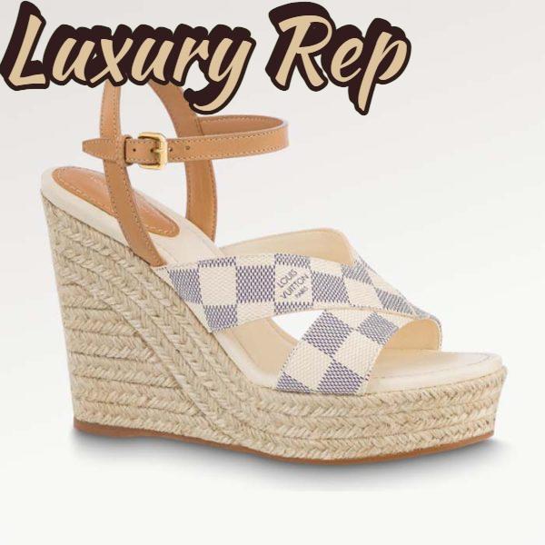 Replica Louis Vuitton LV Women Starboard Wedge Sandal Natural Damier Azur Canvas Calf Leather