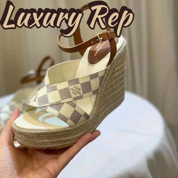 Replica Louis Vuitton LV Women Starboard Wedge Sandal Natural Damier Azur Canvas Calf Leather 9