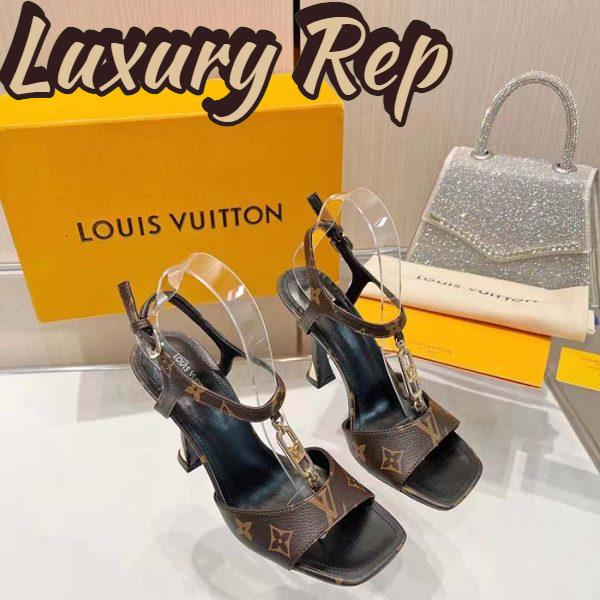 Replica Louis Vuitton Women LV Sparkle Sandal Brown Monogram Canvas Outsole 9.5 CM Heel 5