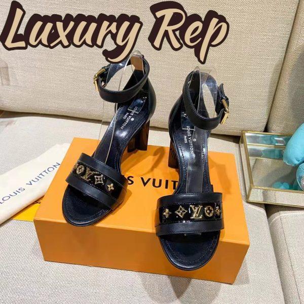 Replica Louis Vuitton Women Podium Platform Sandal Black Calf Leather Glazed 11.5 cm Heel 6