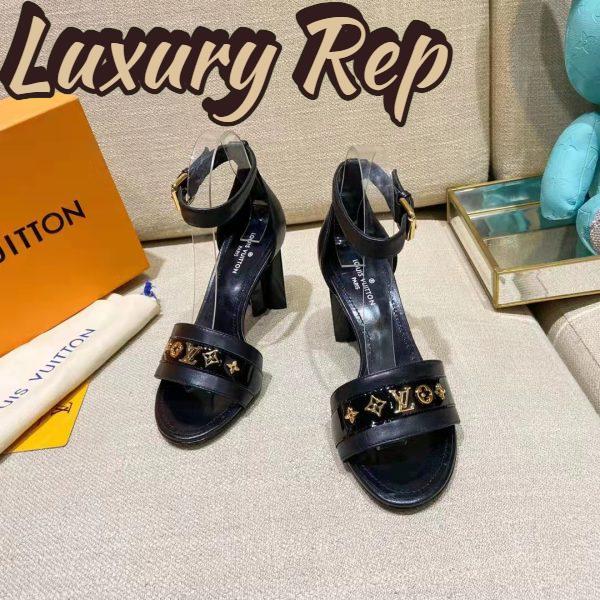 Replica Louis Vuitton Women Podium Platform Sandal Black Calf Leather Glazed 11.5 cm Heel 7