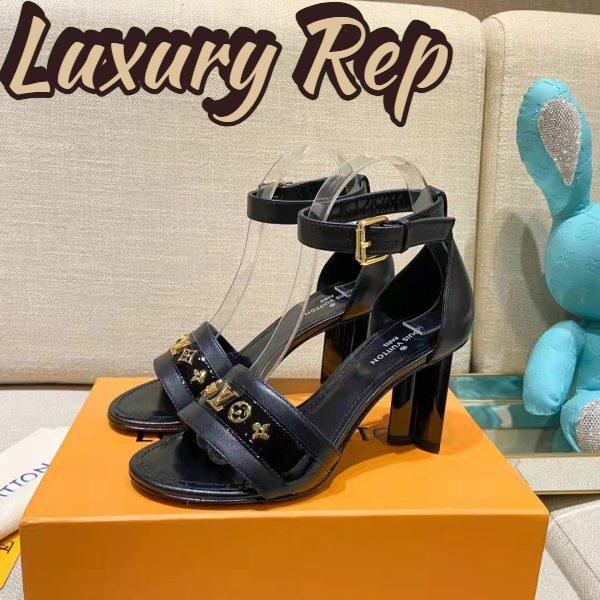 Replica Louis Vuitton Women Podium Platform Sandal Black Calf Leather Glazed 11.5 cm Heel 8