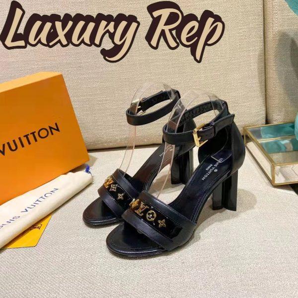 Replica Louis Vuitton Women Podium Platform Sandal Black Calf Leather Glazed 11.5 cm Heel 9