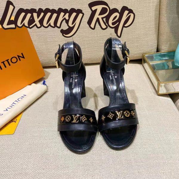 Replica Louis Vuitton Women Podium Platform Sandal Black Calf Leather Glazed 11.5 cm Heel 10