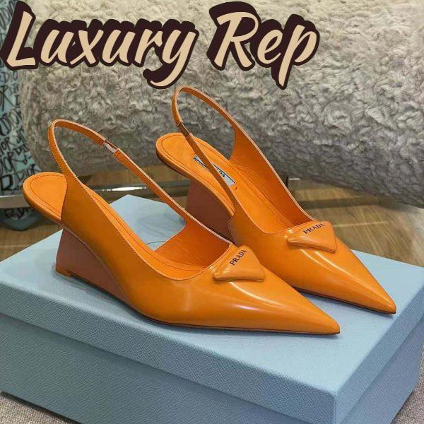 Replica Prada Women Brushed Leather Slingback Pumps in 65mm Heel-Orange 5