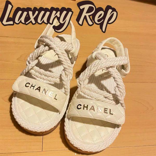 Replica Chanel Women CC Cotton Tweed White Sandals Calfskin Leather Cotton 1 CM Heel