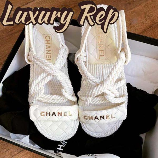 Replica Chanel Women CC Cotton Tweed White Sandals Calfskin Leather Cotton 1 CM Heel 4