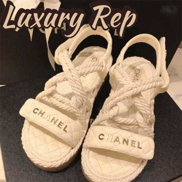 Replica Chanel Women CC Cotton Tweed White Sandals Calfskin Leather Cotton 1 CM Heel 6