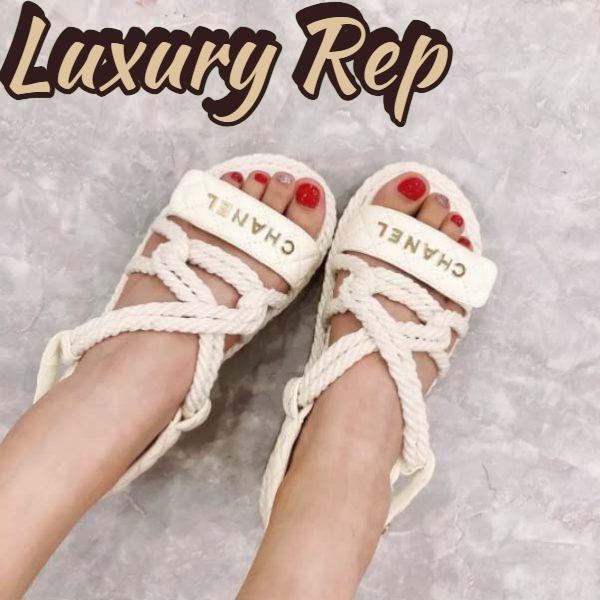 Replica Chanel Women CC Cotton Tweed White Sandals Calfskin Leather Cotton 1 CM Heel 8