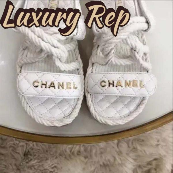 Replica Chanel Women CC Cotton Tweed White Sandals Calfskin Leather Cotton 1 CM Heel 9