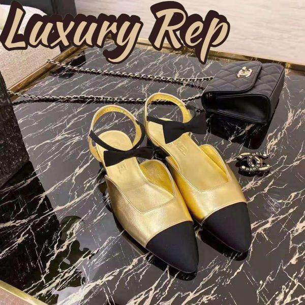 Replica Chanel Women Mary Janes Laminated Lambskin & Grosgrain Gold & Black 1 cm Heel 4