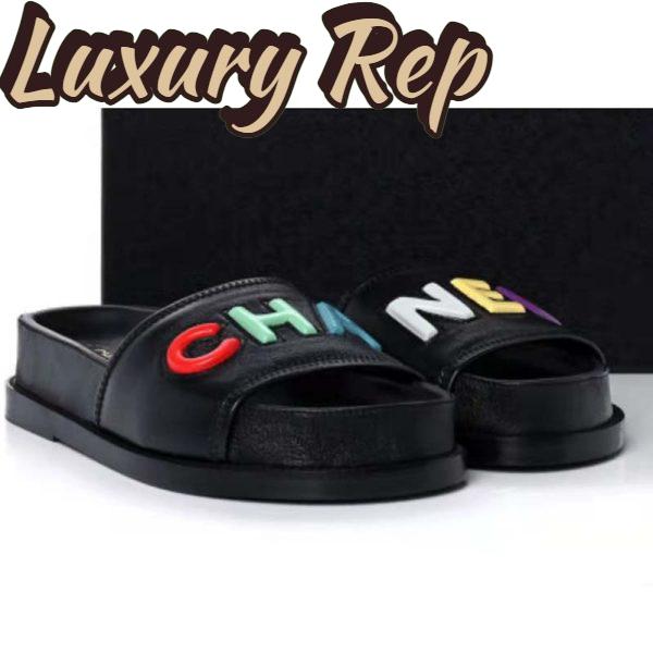 Replica Chanel Women Sandal Black Calfskin Leather Colorful CHA NEL Logos 2