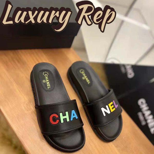 Replica Chanel Women Sandal Black Calfskin Leather Colorful CHA NEL Logos 3
