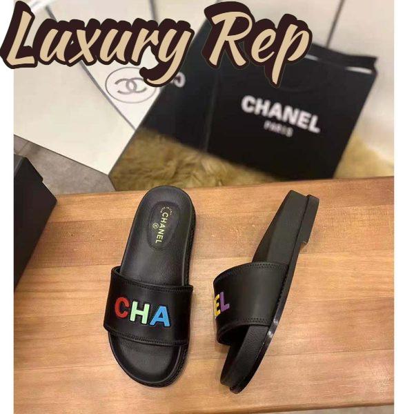 Replica Chanel Women Sandal Black Calfskin Leather Colorful CHA NEL Logos 5