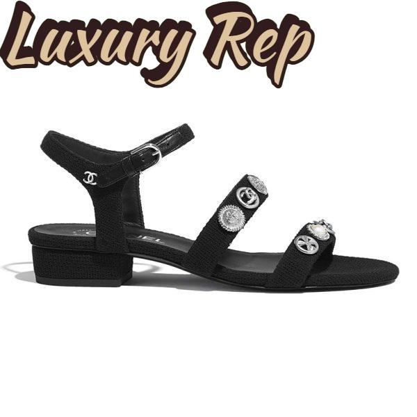 Replica Chanel Women Sandals Cotton Tweed & Jewelry Black 2.5 cm Heel 2