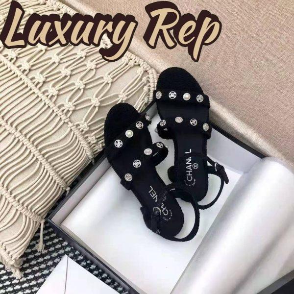 Replica Chanel Women Sandals Cotton Tweed & Jewelry Black 2.5 cm Heel 4