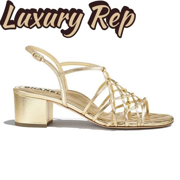 Replica Chanel Women Sandals Laminated Lambskin Gold 5 cm Heel