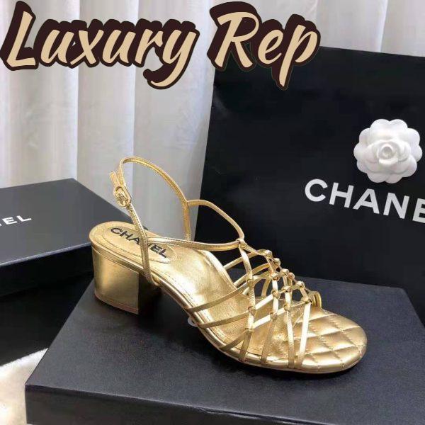 Replica Chanel Women Sandals Laminated Lambskin Gold 5 cm Heel 3