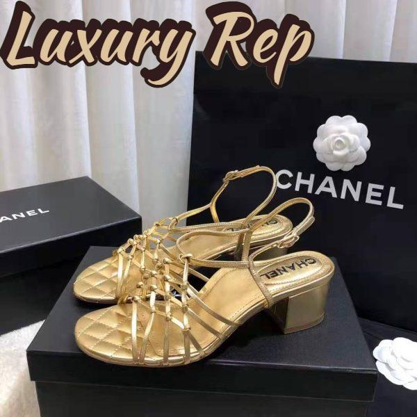 Replica Chanel Women Sandals Laminated Lambskin Gold 5 cm Heel 4