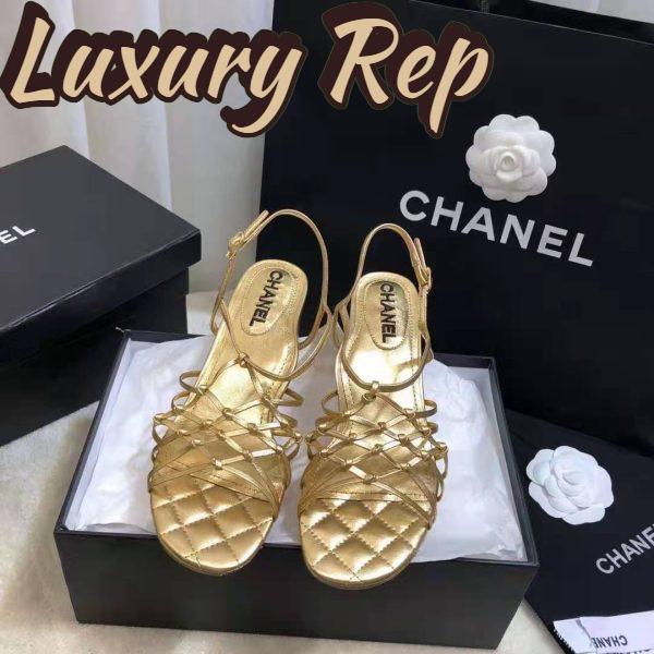 Replica Chanel Women Sandals Laminated Lambskin Gold 5 cm Heel 5