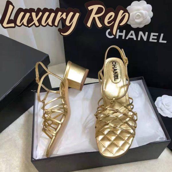 Replica Chanel Women Sandals Laminated Lambskin Gold 5 cm Heel 7