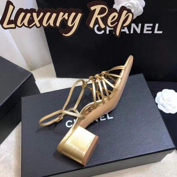 Replica Chanel Women Sandals Laminated Lambskin Gold 5 cm Heel 8