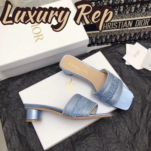 Replica Dior Women CD Dway Heeled Slide Blue Cotton Embroidered Metallic Thread Strass 4